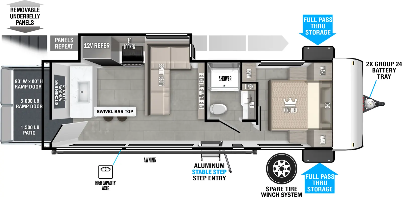 The Wildwood FSX 269VC floorplan is a toy hauler that has one entry and one slide out. Exterior features include: fiberglass exterior. Interiors features include: front bedroom.